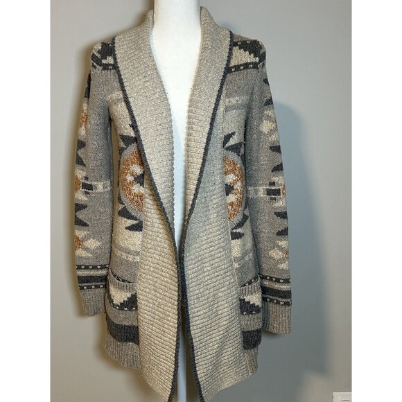 Lucky Brand Beige Grey Long Open Front Cardigan Sweater Aztec Design Women's S - Picture 1 of 8